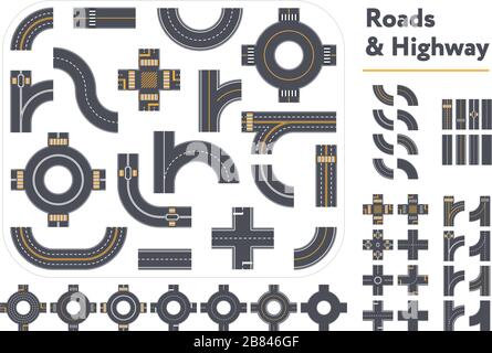 Set of different intersections and road pieces in graphic style isolated on white background Stock Vector