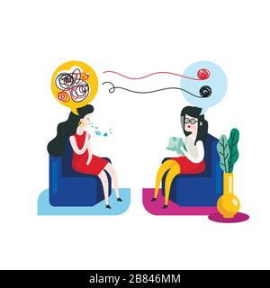 Psychotherapy concept. Woman at a psychotherapy session with a psychotherapist vector illustration. Stock Vector