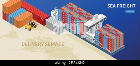 Huge freight vessel with stacks of containers standing in modern cargo port Stock Vector