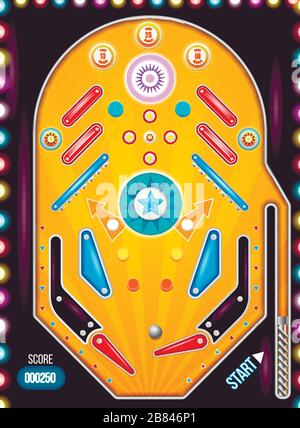 Pin ball machine. Cartoon pinball machine top view with in vintage style. Stock Vector