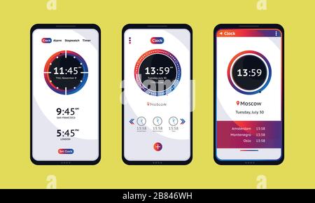 Clock app. Timer clock mobile application interface. Alarm stopwatch timer ui mobile phone. Stock Vector