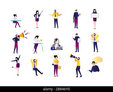 Office workers. Working business people and casual happy workers in different situation isolated on white background. Stock Vector