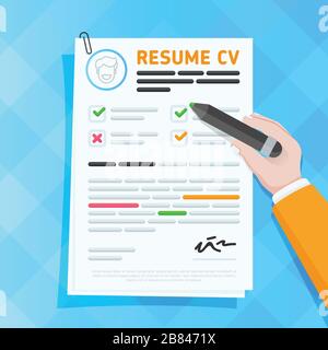 Vector illustration of hand using pencil to fill curriculum vitae form Stock Vector
