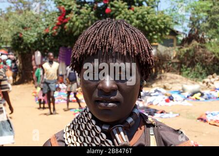 Portrait of a Hamer Woman with a Dreadlock Hairstyle at Key Afar’s Thursday Market Stock Photo