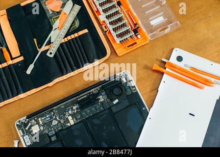 laptop motherboard. repairing broken laptop notebook computer. Electronic repair shop, technology renovation Stock Photo