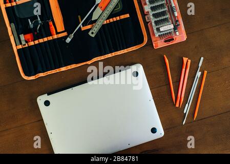 laptop motherboard. repairing broken laptop notebook computer. Electronic repair shop, technology renovation Stock Photo