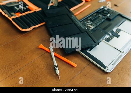 laptop motherboard. repairing broken laptop notebook computer. Electronic repair shop, technology renovation Stock Photo
