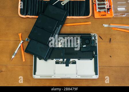laptop motherboard. repairing broken laptop notebook computer. Electronic repair shop, technology renovation Stock Photo