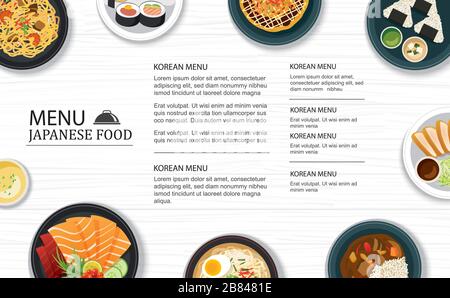 japanese food menu restaurant on a white wooden table top template background. Use for poster, print, flyer, brochure. Stock Vector
