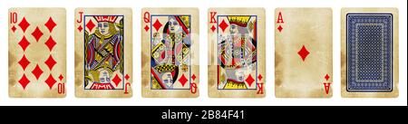 Diamonds Suit Vintage Playing Cards, Set include Ace, King, Queen, Jack and Ten - isolated on white. Stock Photo