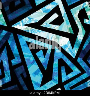 blue labyrinth seamless pattern with grunge effect Stock Vector