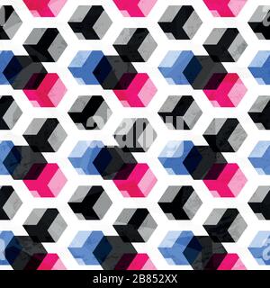 technology cubes seamless pattern with grunge effect Stock Vector