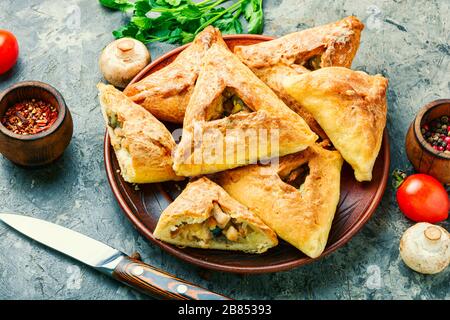 Homemade Russian pie Kurnik with chicken, potatoes and onions close-up on a  slate board on the table. horizontal Stock Photo - Alamy