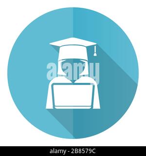 Student with laptop blue round flat design vector icon isolated on white background, computer, education illustration in eps 10 Stock Vector