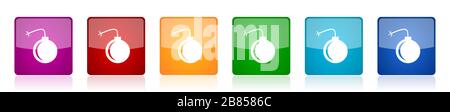 Bomb icon set, colorful square glossy vector illustrations in 6 options for web design and mobile applications Stock Vector