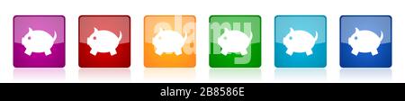 Piggy bank icon set, colorful square glossy vector illustrations in 6 options for web design and mobile applications Stock Vector