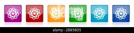 Atom icon set, colorful square glossy vector illustrations in 6 options for web design and mobile applications Stock Vector