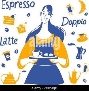 Espresso motivational vector design with barista and coffee stuff Stock Vector