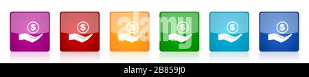 Money, cash icon set, colorful square glossy vector illustrations in 6 options for web design and mobile applications Stock Vector