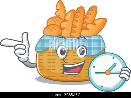 Cheerful bread basket cartoon character style with clock Stock Vector