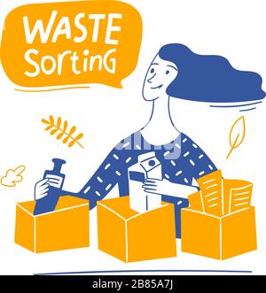 Eco lifestyle motivational vector design with waste sorting text and woman Stock Vector