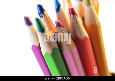 A packet of school Coloured pencils for drawing macro isolated detail Stock Photo