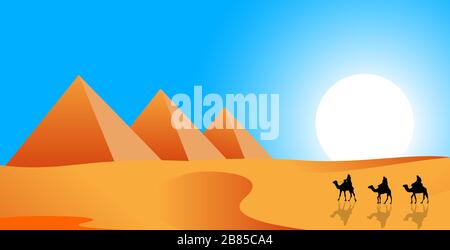 Camel caravan follows in the desert. Pyramids, sand desert against the blue sky and sun. Stock Vector