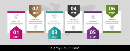 Vector template shape infographic. Business concept with 6 arrows and labels. Six steps for content, graph, diagrams, slideshow Stock Vector