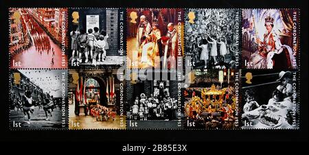 Postage stamps. Great Britain. Queen Elizabeth II. 50th Anniversary of Coronation. Se-tenant block of ten stamps. 1st. 2003. Stock Photo