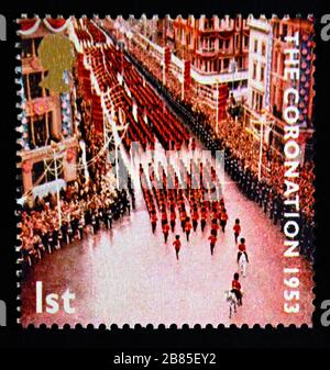 Postage stamp. Great Britain. Queen Elizabeth II. 50th Anniversary of Coronation. Guardsmen in Coronation Procession. 1st. 2003. Stock Photo