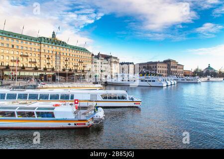 Stockholm, Sweden: the Grand Hotel (left) and the Nationalmuseum (or National Museum of Fine Arts), located on the peninsula Blasieholmen. Stock Photo