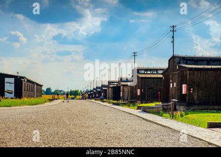 Lublin, Lubelskie / Poland - 2019/08/17: Barracks and fences of the Majdanek KL Lublin Nazis concentration camp - Konzentrationslager Lublin Stock Photo