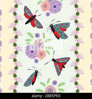 Vintage Six spot burnet butterfly seamless vector pattern background. Day flying moth meadow fllowers geometric stripe backdrop. Pastel pink green Stock Vector