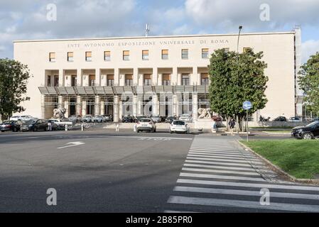 The Square Colosseum (Palazzo della Civiltà Italiana) is a fascist-era building part of the rationalism architecture district EUR, in Rome, Italy Stock Photo