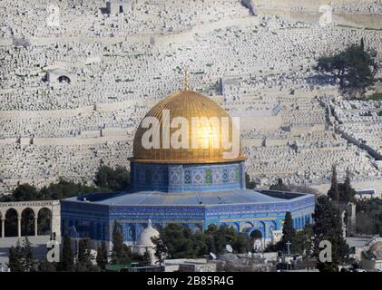 The beautiful Dome of the Rock on top of the Temple Mount in Jerusalem. Stock Photo