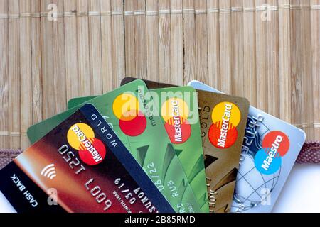 Ryazan, Russia - February 27, 2018: Credit cards over the bamboo background Stock Photo