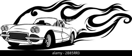 Fiery retro sports car design template. illustration Vector. Stock Vector