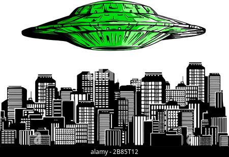 Ufo hiring at night city, search professional, alien spaceship flying above skyscrapers and empty road in megapolis lighting with bright ray, human Stock Vector