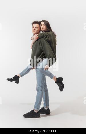 Fashionable Couple Denim Wear Standing Studio Posing Stock Photo