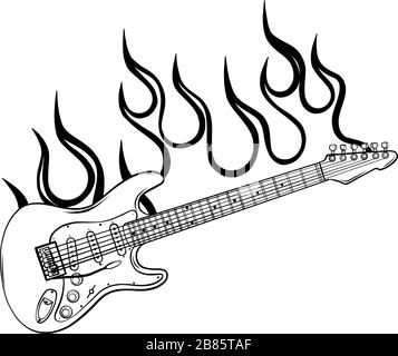 Rock star or band fire logo brand. Electric guitar fiery and flame musical vector sign. Stock Vector