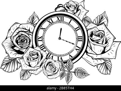 Composition with flower and pocket watch on chain. Vector illustration for tattoo. Stock Vector