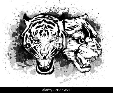 Old School Panther Head and Tiger Head Illustration. Stock Vector