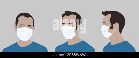Realistic illustration of a young man wearing a medical mask, side and front view Stock Vector