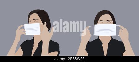 Realistic illustration of a young woman putting on a medical mask, side and front view Stock Vector