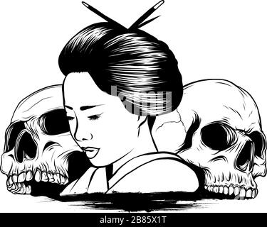 Vector illustration of geisha skull with vintage tattoo design style and japan traditional kanji words means strength Stock Vector