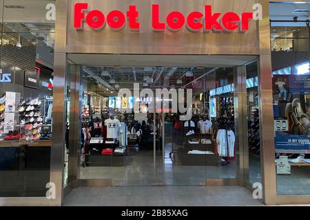 General overall view of closed Foot Locker store at The Shops at Montebello mall in the wake of the coronavirus pandemic outbreak, Wednesday, March 18, 2020, in Montebello, Calif. California Governor Gavin Newsom on Thursday ordered the state's 40 million residents to stay at home and shelter in place. (Photo by IOS/Espa-Images) Stock Photo