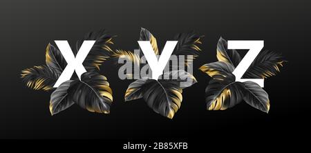 Alphabet letters in black with golden exotic tropical leaves of plants. Luxurious design concept for advertising, booklets, posters, flyers. Vector Stock Vector