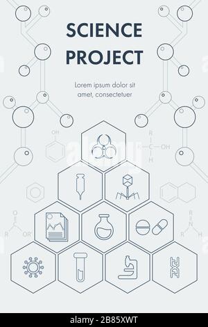 Science poster outline and monochrome design with molecular structure, organic chemistry formula and medical icon. Stock Vector
