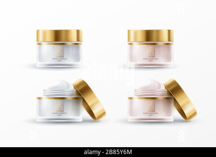 Set of 3d realistic jar for cream isolated on white background. Mockup for product package branding. Vector illustration Stock Vector