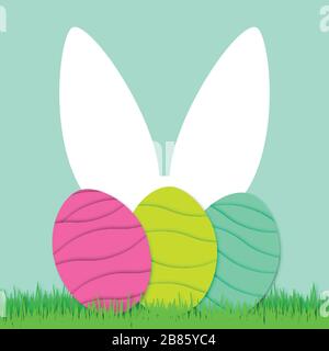 Happy Easter background with eggs and rabbit. Easter eggs and cute bunny in green grass. Festive decoration. 3D vector, paper cut style Stock Vector